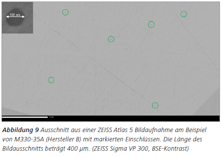 Abbildung 9 Ausschnitt aus einer ZEISS Atlas 5 Bildaufnahme am Beispiel
von M330-35A (Hersteller B) mit markierten Einschlüssen. Die Länge des Bildausschnitts beträgt 400 μm. (ZEISS Sigma VP 300, BSE-Kontrast)