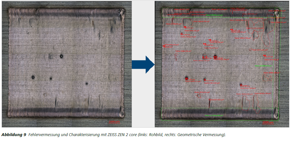 Abbildung 9 Fehlervermessung und Charakterisierung mit ZEISS ZEN 2 core (links: Rohbild, rechts: Geometrische Vermessung).