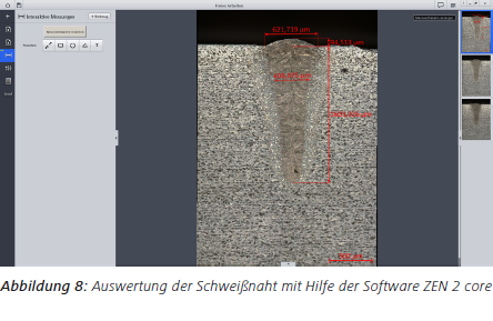 Abbildung 8 Auswertung der Schweißnaht mit Hilfe der Software ZEN 2 core