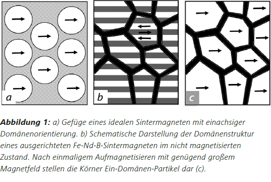 Abbildung1 a) Gefüge eines idealen Sintermagneten mit einachsiger Domänenorientierung. b) Schematische Darstellung der Domänenstruktur eines ausgerichteten Fe-Nd-B-Sintermagneten im nicht magnetisierten Zustand. Nach einmaligem Aufmagnetisieren mit genügend gr